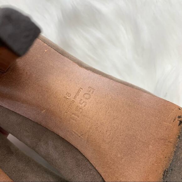Fossil | Tan Suede Leather Peep Toe Pump Heels Size 9.5 Brown Open Toe Shoes - Picture 11 of 12